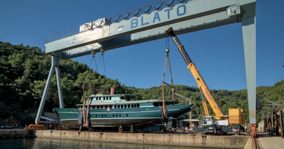 MAIA Radez Yachts on a crane before being launched