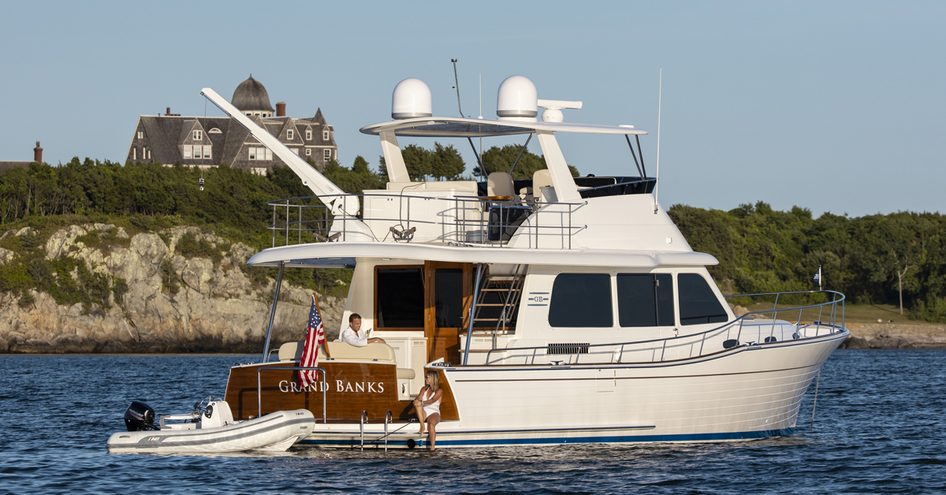 View from stern of Grand Banks 54 with family relaxing