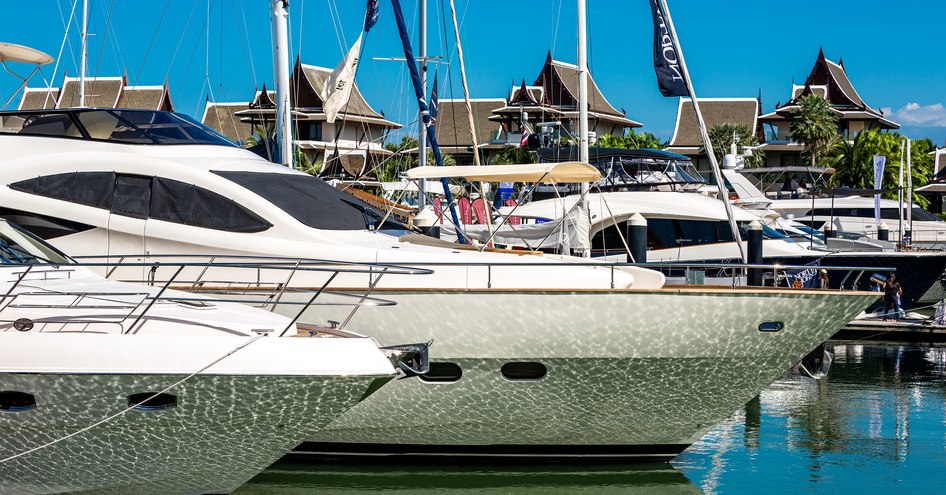 Superyachts moored in Phuket Boat Lagoon.