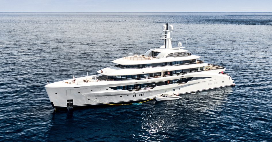 Superyacht ENERGY underway, surrounded by sea.