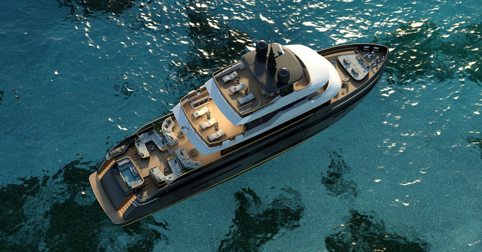 Aerial view rendering of Benetti B.YOND Limited Edition surrounded by sea.