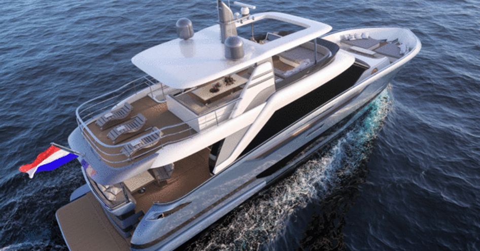 rendering of new Van Der Valk Flybridge model cruising on water with silver hull and white superstructure