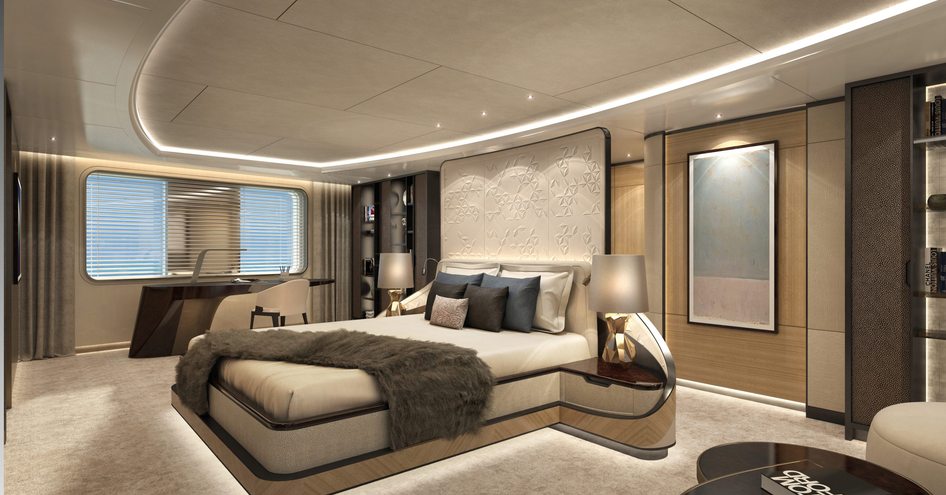 Side view of Damen SeaXplorer 55 yacht full beam master cabin, large bed with overhead lighting display