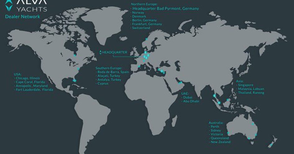 Map of Alva Yachts dealerships across the globe.