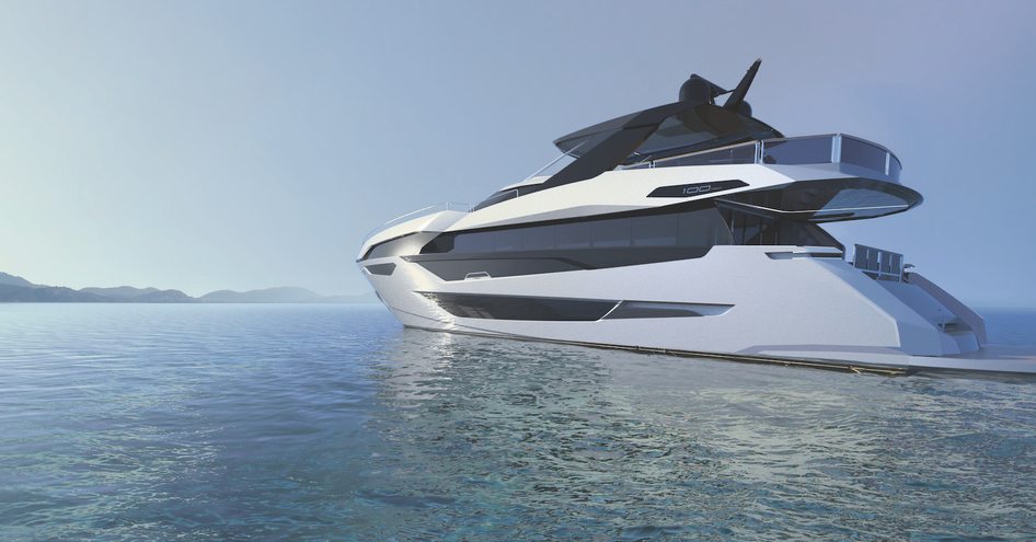 rendering of the Sunseeker 100 Yacht with white exterior and black glazing at anchor on calm waters