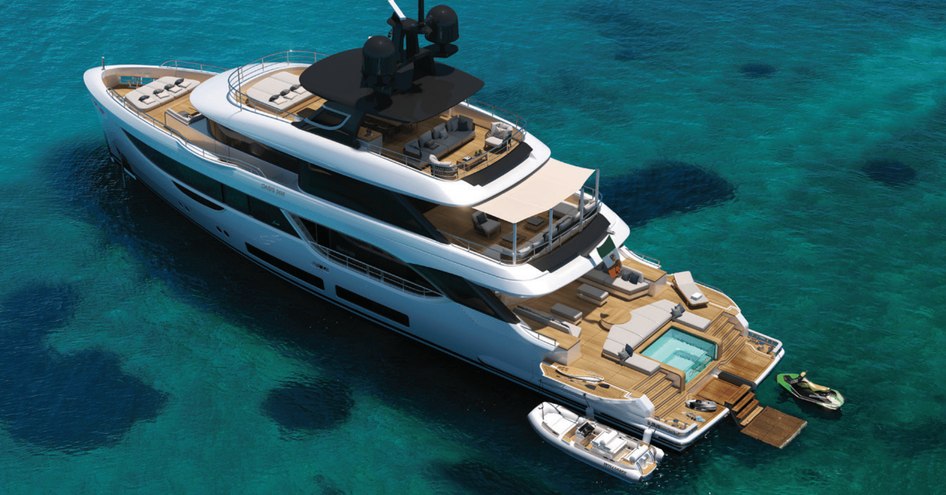 CGI view from above of Benetti 34M with beach club and tenders visible