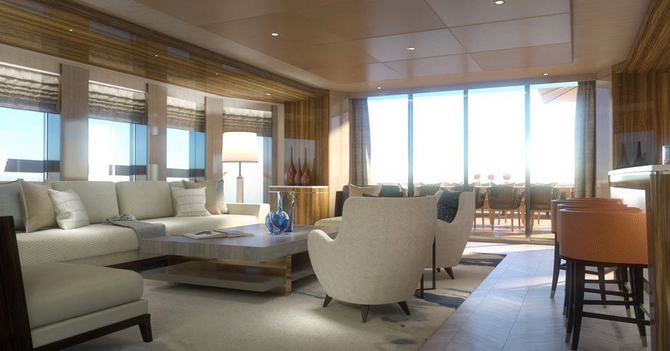 Overview of sky lounge onboard Heesen Project Pollux , L shaped sofa and armchairs around coffee table with wet bar to starboard