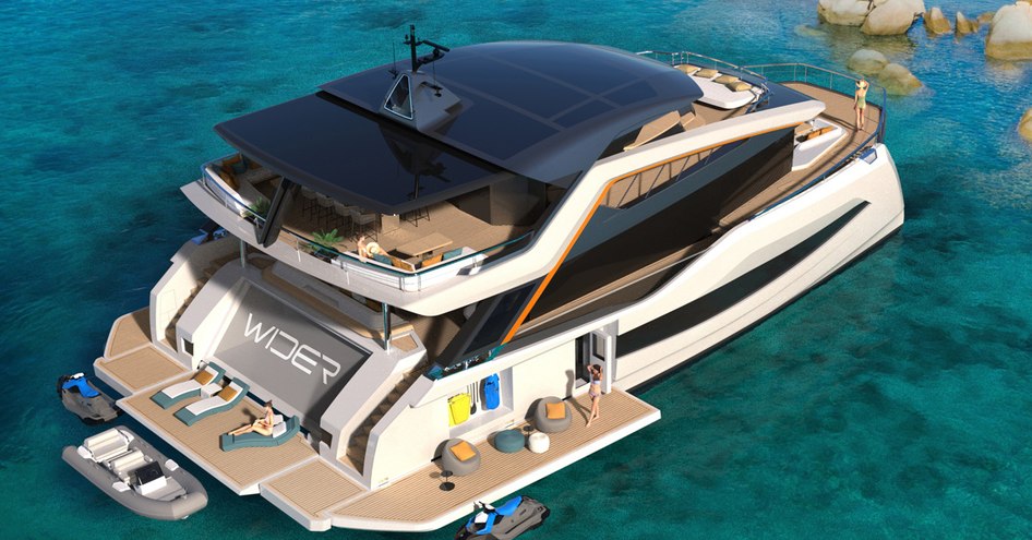 WiderCat 92 rendering aft view, tenders visible aft in the water with fold down waterside terrace. Surrounded by sea.