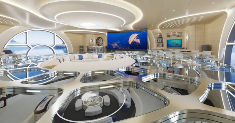 Cinema facility onboard Thor Explore explorer yacht, central round seating arrangement with large screen on far wall.