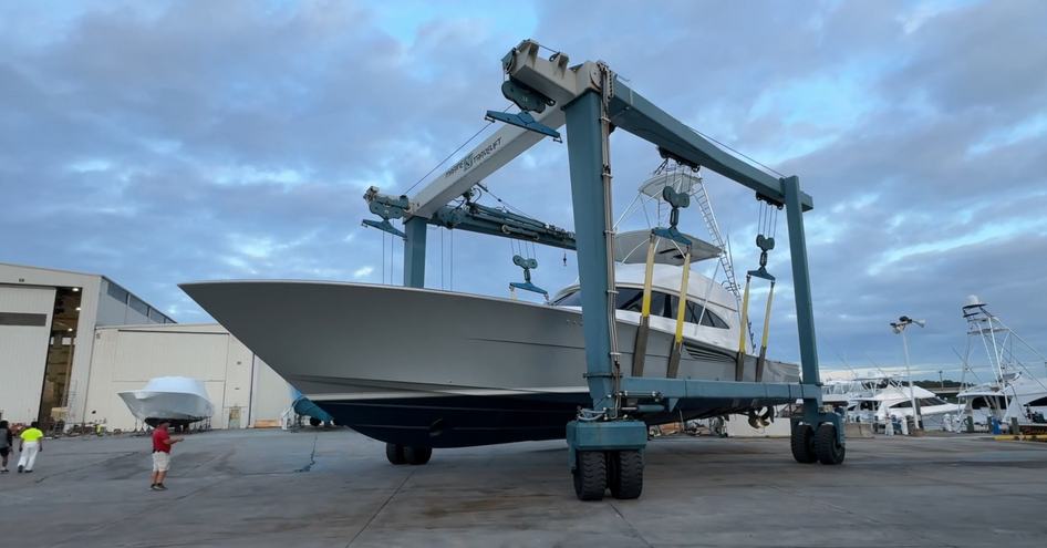 The Viking Yachts 74C hull features aggressive strakes and chines for increased spray deflection