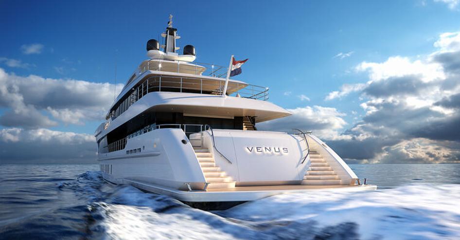 Aft view of Heesen Project Venus underway, surrounded by sea.