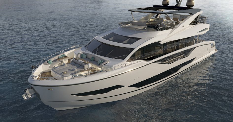 rendering of white 87 Yacht from Sunseeker at anchor in dark blue waters