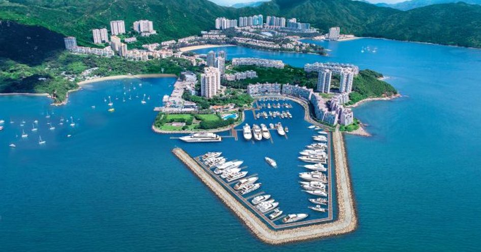 Aerial view of Lantau Yacht Club pontoons, surrounded by sea