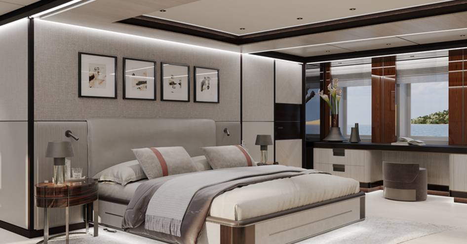 Master cabin onboard Heesen's Project Venus. Central berth facinf starboard with two windows in the background.