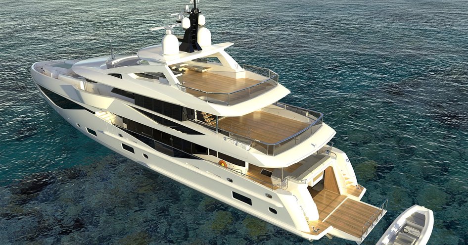 rendering of the aft view of the Sunseeker 133 with drop-down swim platform and tender, and clear teak decks