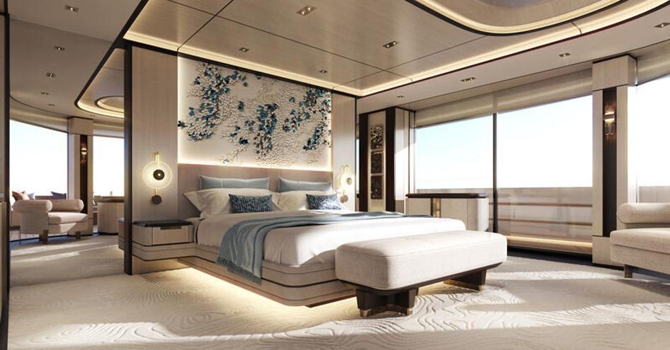 Overview of the master cabin onboard Admiral Panorama 50 superyacht. Central berth surrounded by wide vista windows. 