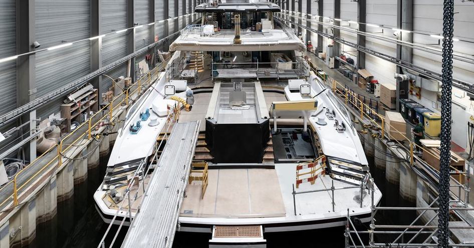 Aft view of Heesen superyacht SPARTA in the construction shed.