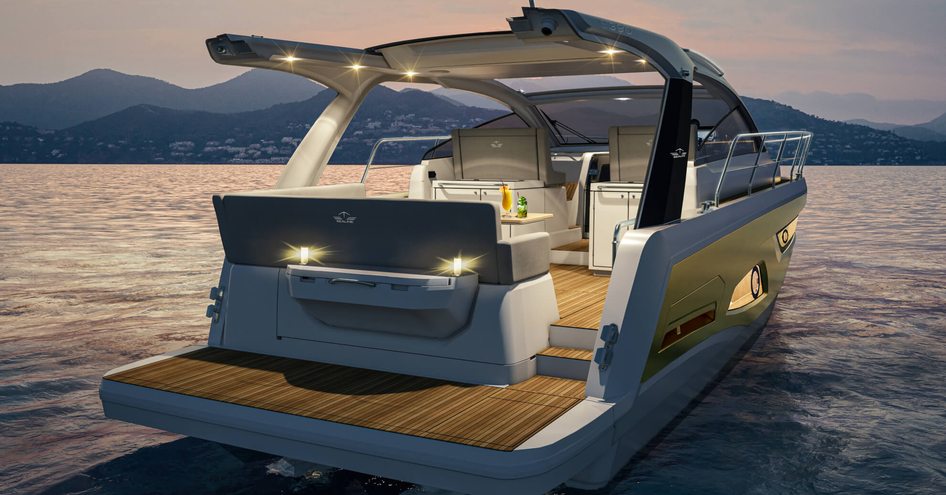 Sealine S390 aft deck shot at sunset