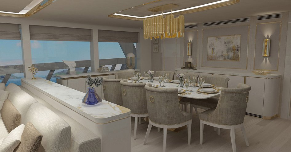 rendering of dining table surrounded by eight chairs in main salon forward of EX87 superyacht