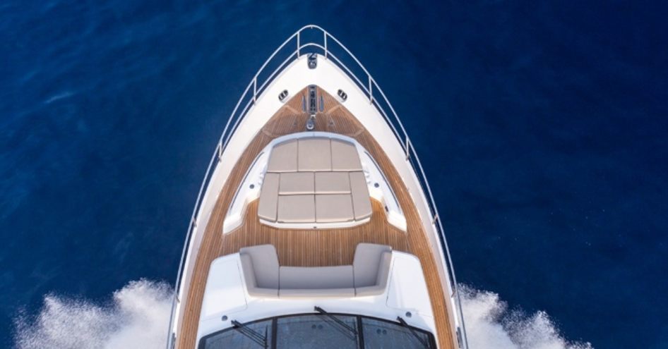 The bow of a Princess Y85 superyacht.