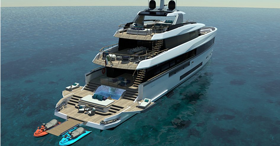 Rendering showing Atos 46 concept with tender and beach club visible