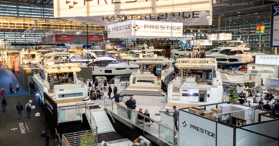 Prestige motor yachts on display at Boot Dusseldorf, with Azimut yachts in background.