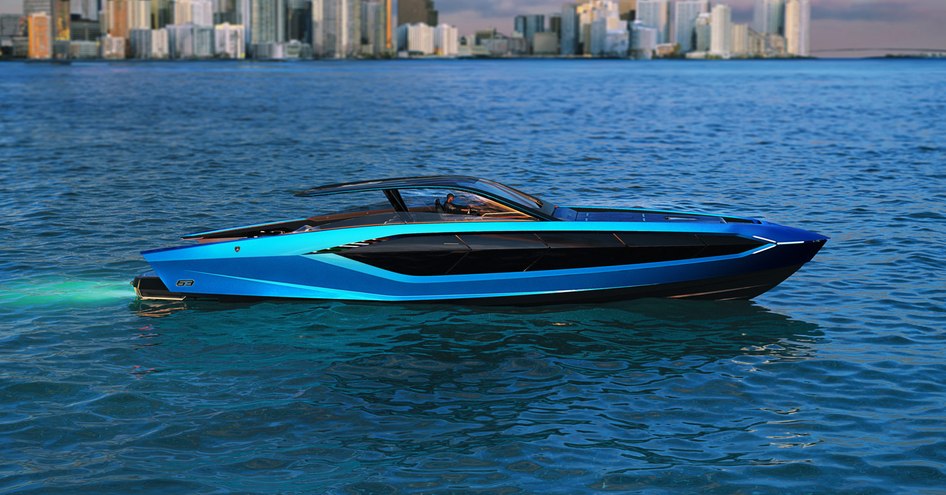 Rendering of Tecnomar Lamborghini 63 underway, passing cosmoploitan skyline.