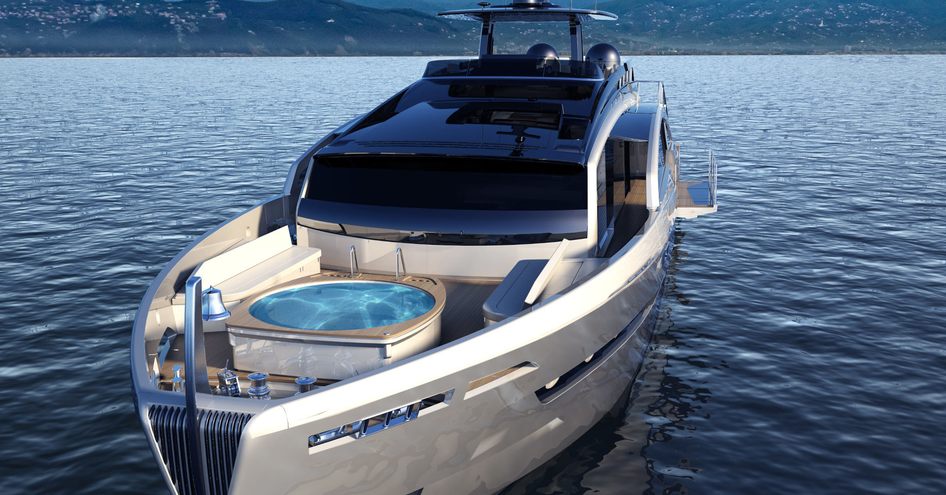 Bow of Pershing GTX116, hot tub situated centre with bridge behind and walkways visible. Surrounded by sea with elevated terrain in background.