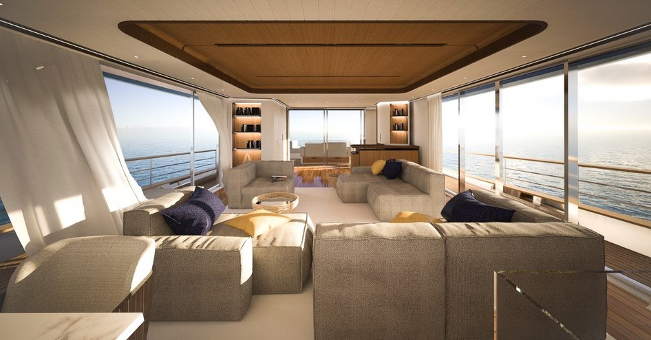 Interior rendering of the Maestro 88, with extensive glazing and seating arranged around the walls