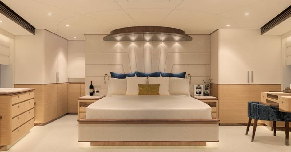 rendering of the master suite with large white bed, wood decor and white wall panels on board FD92 yacht