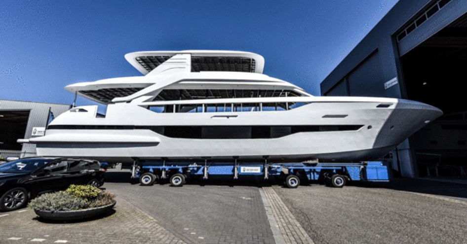 white flybridge yacht from Van Der Valk is rolled out at shipyard 