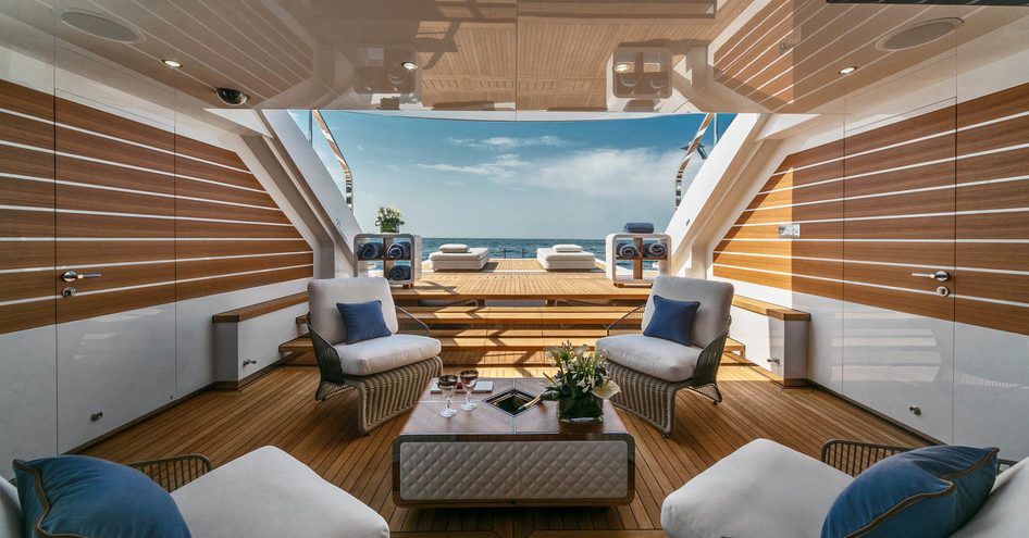 The beach club on board the Overmarine's 54m superyacht EL LEON