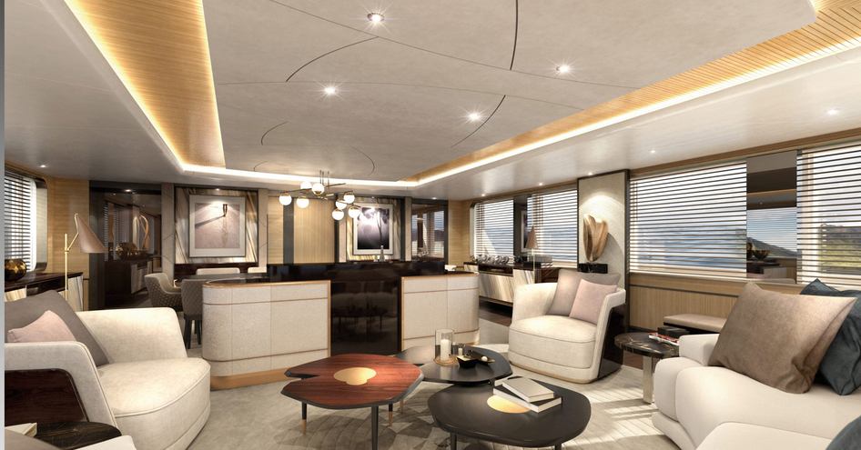 Interior image of Damen SeaXplorer 55 main living area, two coffee tables surrounded by white upholstered chairs and sofas