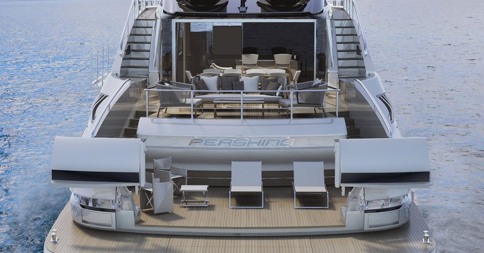 Aft decks onboard Pershing GTX116, exterior furniture visible. Yacht surrounded by sea.