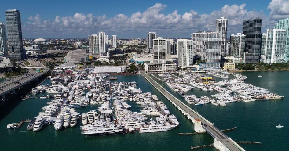 Aerial view of Miami Yacht Show, surrounded by skyscrapers and sea