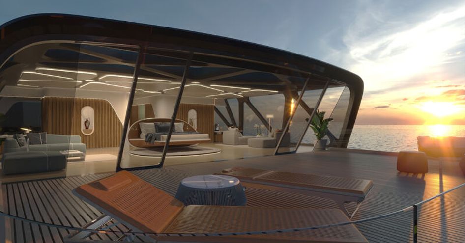 Rendering of master cabin onboard superyacht PEGASUS, frontal view looking in through wide glazing and private terrace with sunloungers in foreground. Bed visible in centre of cabin in background.