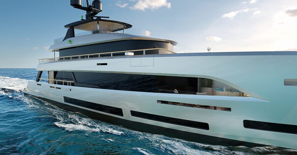 Rendering of Sirena Yachts 42m Superyacht underway, surrounded by sea.