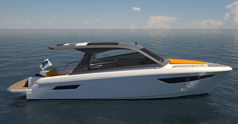 Side view of Bavaria Vida 33 rendering anchored at sea