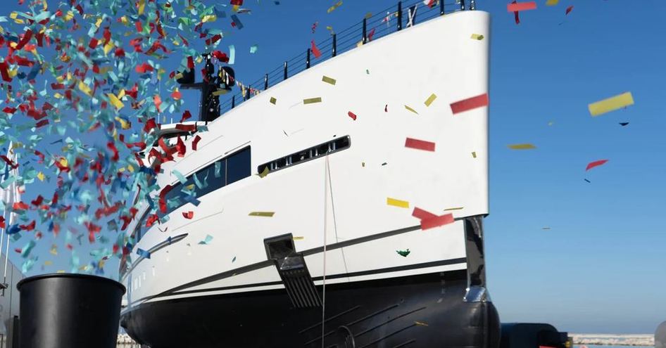 Upwards view of the bow on superyacht RIO during launch ceremony.