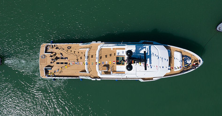 Aerial view of CdM AURELIA Flexplorer yacht, surrounded by sea