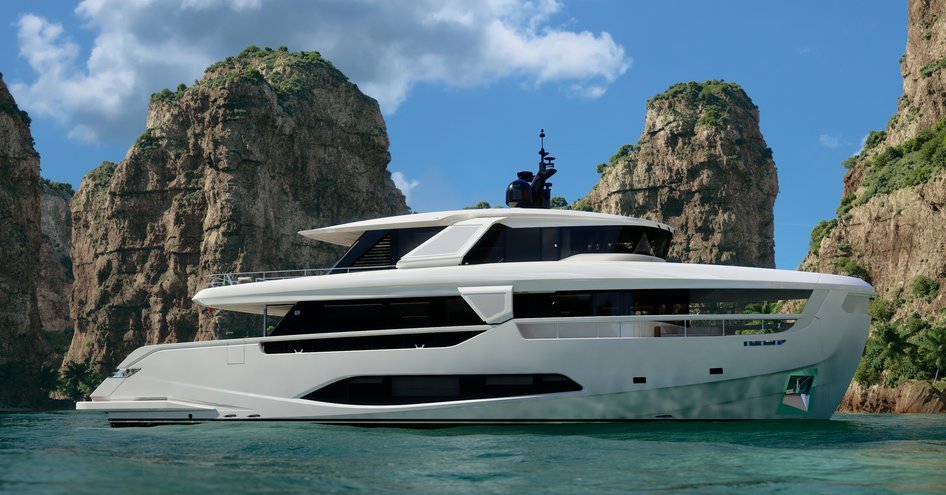 Ferretti INFYNITO 90 starboard aspect at anchor