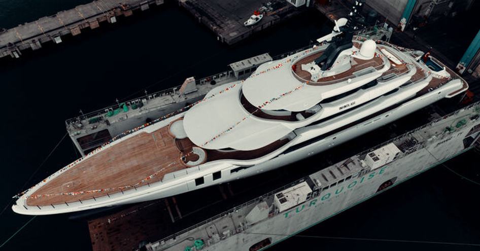 Overhead view of superyacht Infinite Jest docked at facility in Turkey.