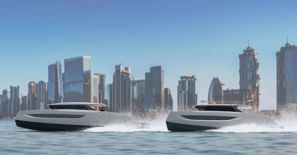 Pair of Sunreef Ultima catamarans underway, rendering shows models in front of cosmopolitan background.