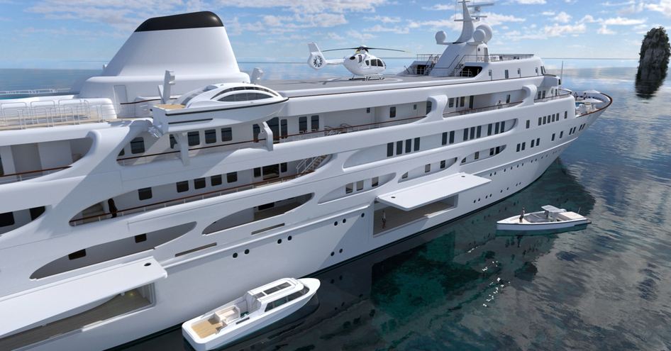 Rendering showing tenders and side of decks of Project Y910