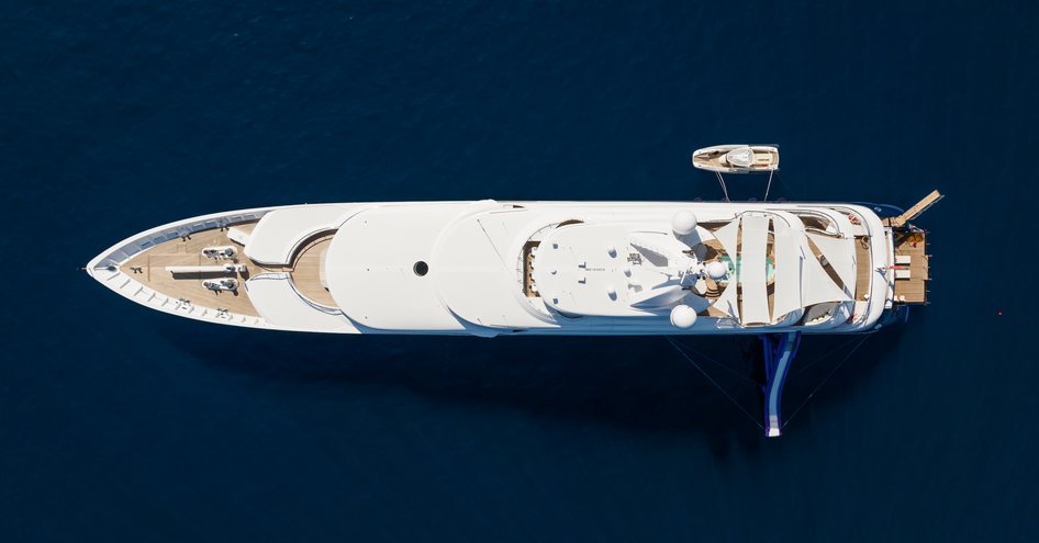 An aerial view of superyacht AMARYLLIS at anchor.