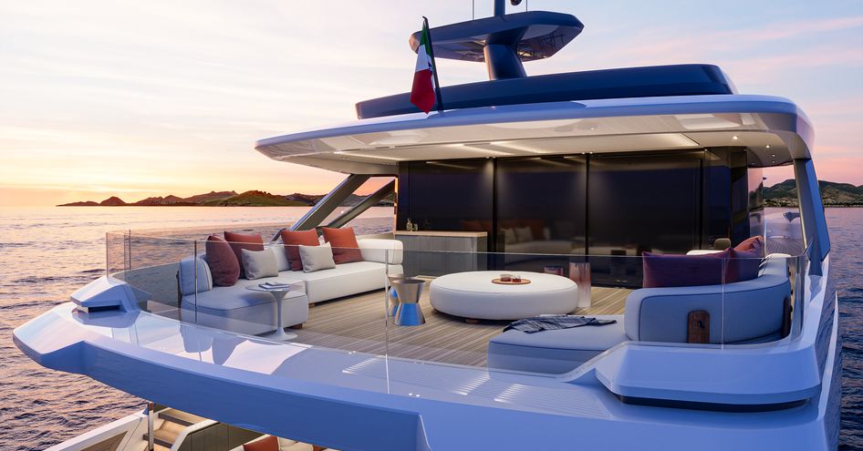 The Extra Yachts X100 Triplex superyacht features a sprawling second deck with contemporary furniture 