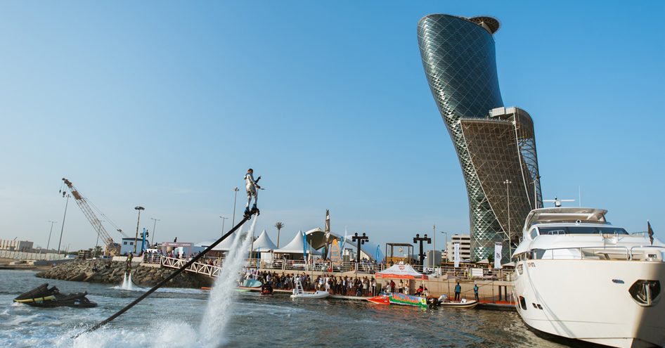 Flyboarding demonstration in Abu Dhabi marina during the Abu Dhabi International Boat Show.