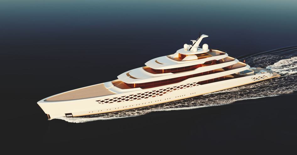 Elevated view of Feadship 'Project FG' underway, surrounded by sea