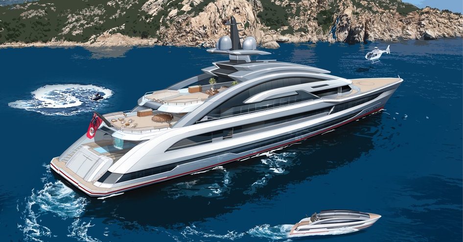 rendering of Heesen superyacht Project Cosmos with silver hull and superstructure anchored with matching tender in blue waters