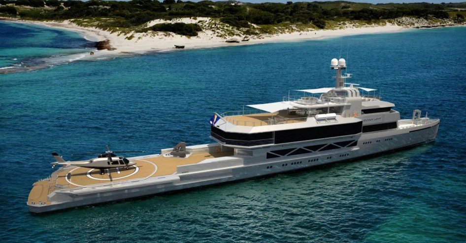 Rendering of Explorer style yacht WANDERLUST by desolate beach and cliff.